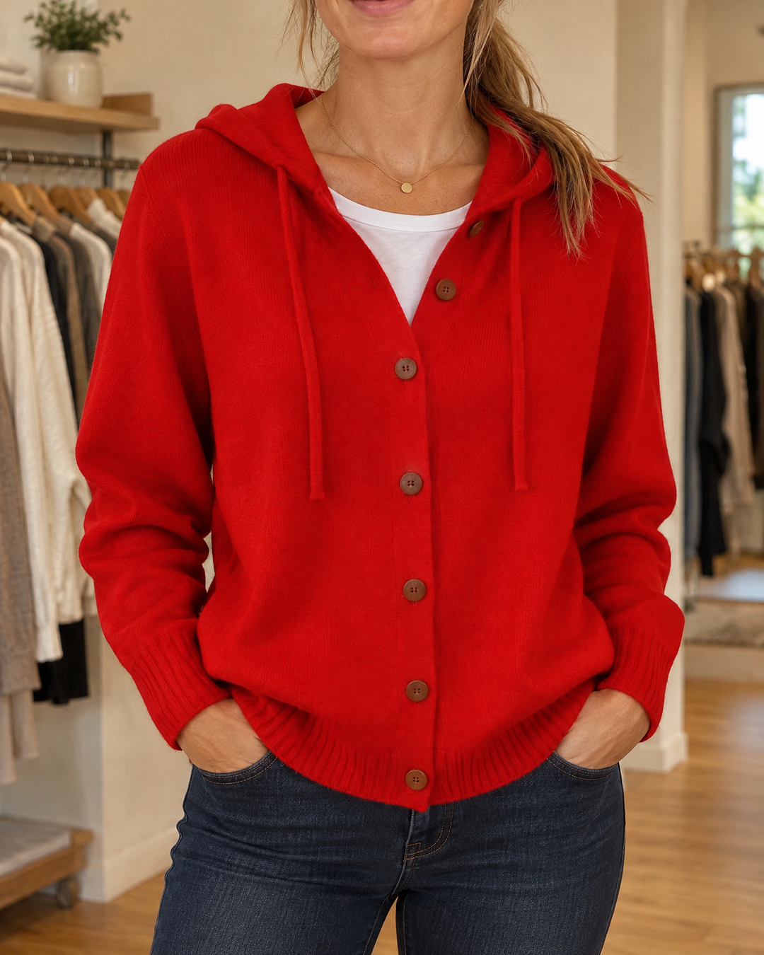 Greta - Hooded Knit Cardigan in red, front view