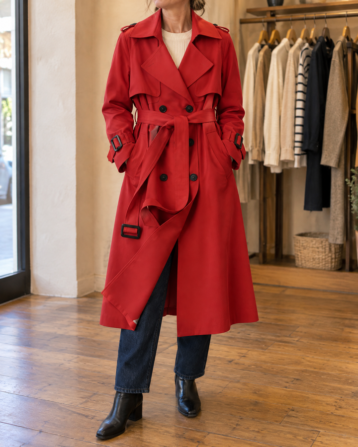Monique - Long Belted Trench Coat in red, front view