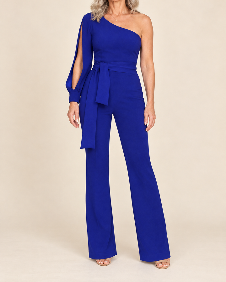 Isabeau - One Shoulder Tie Jumpsuit in royal blue, front view