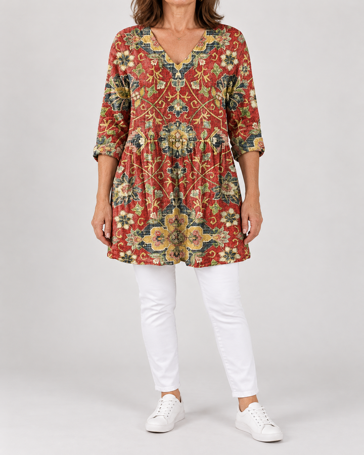 Marguerite - Printed Tunic Top in rust folk floral, front view