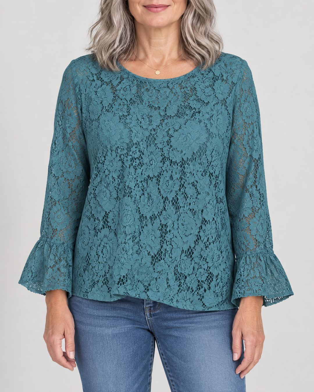Violette - Lace Long Sleeve Top in teal, front view