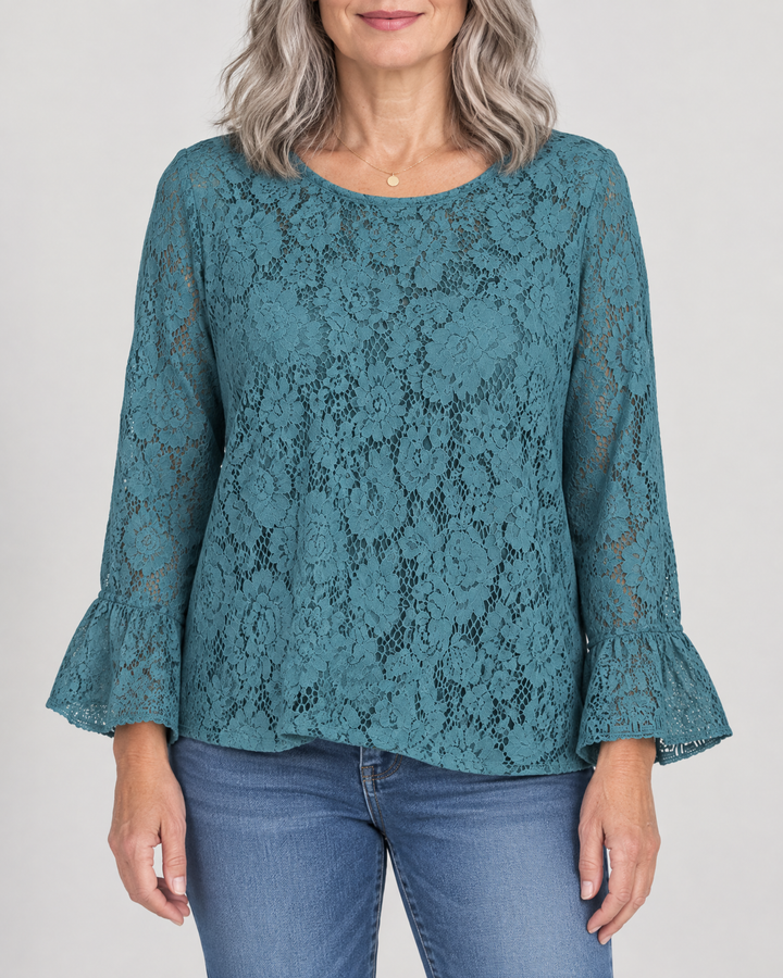 Violette - Lace Long Sleeve Top in teal, front view