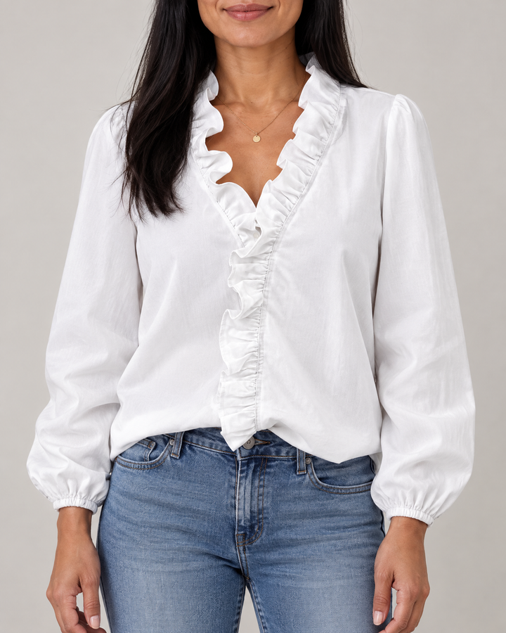 Celine - Ruffle Front Shirt in white, front view