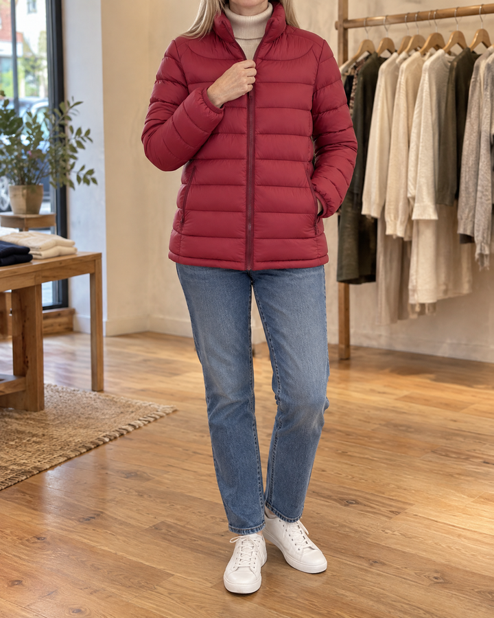 Adeline - Stand Collar Puffer Jacket in wine, front view