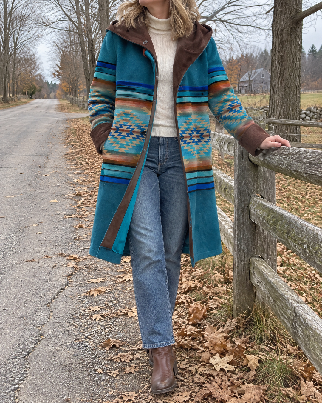 Nicole - Hooded Geometric Print Coat in teal, on a country lane on a grey late-fall morning