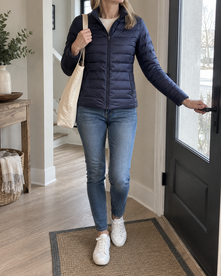 Eveline - Lightweight Puffer Jacket in navy, heading out on an overcast morning