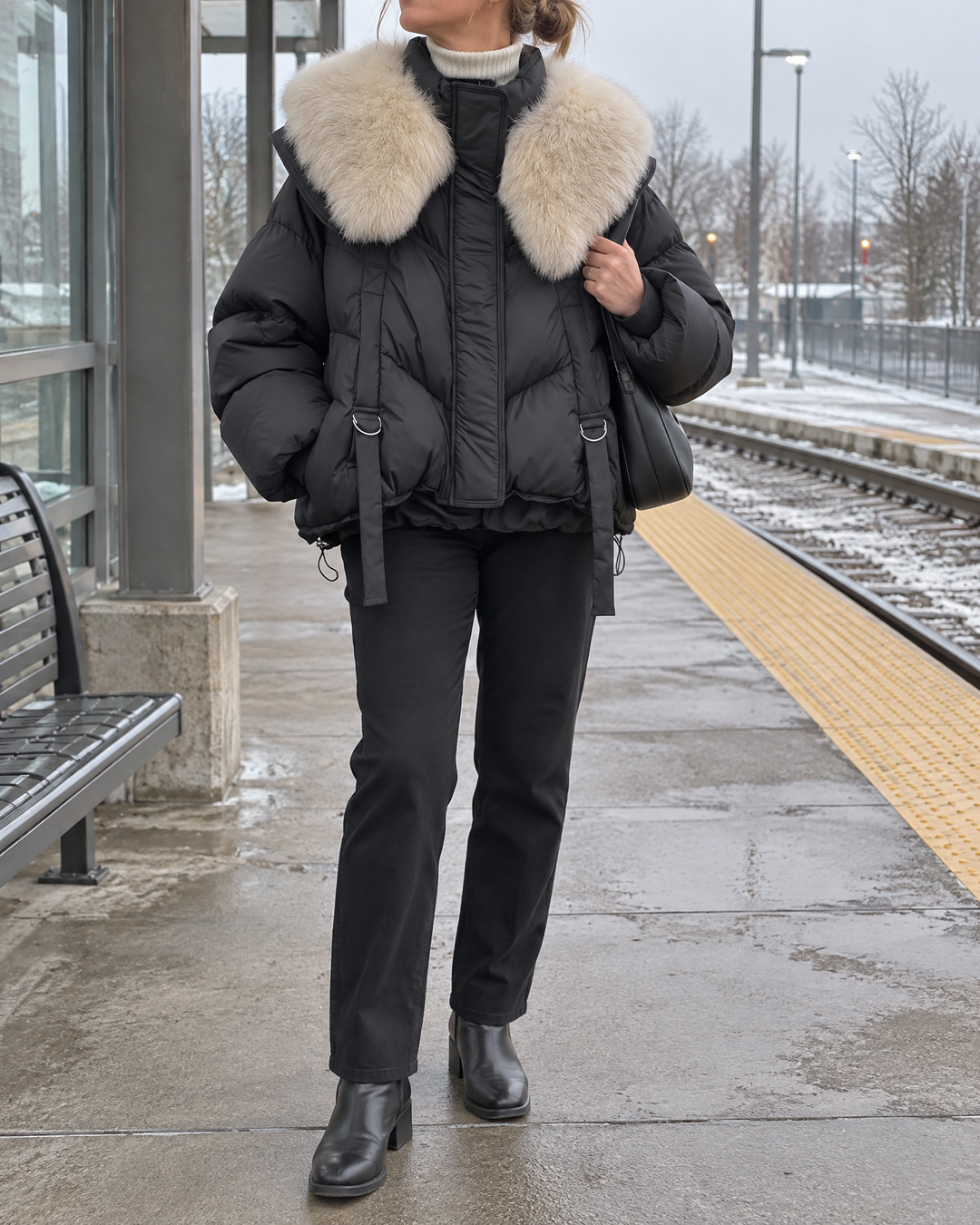 Chloe - Faux Fur Shawl Collar Puffer in black, on a station platform on a grey morning