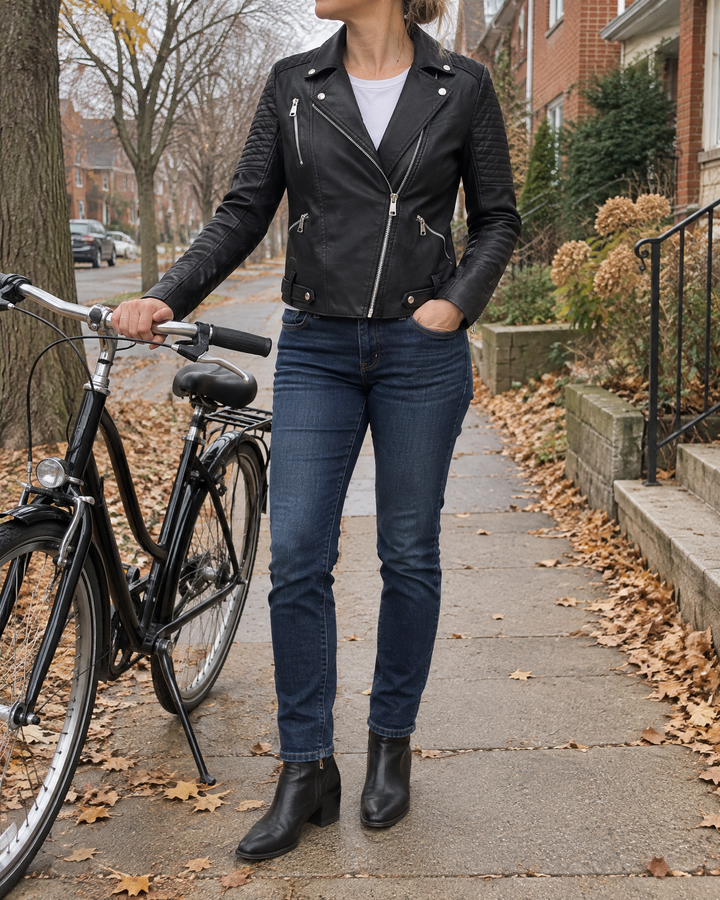 Tatiana - Quilted Faux Leather Biker Jacket in black, on a quiet street with her bicycle