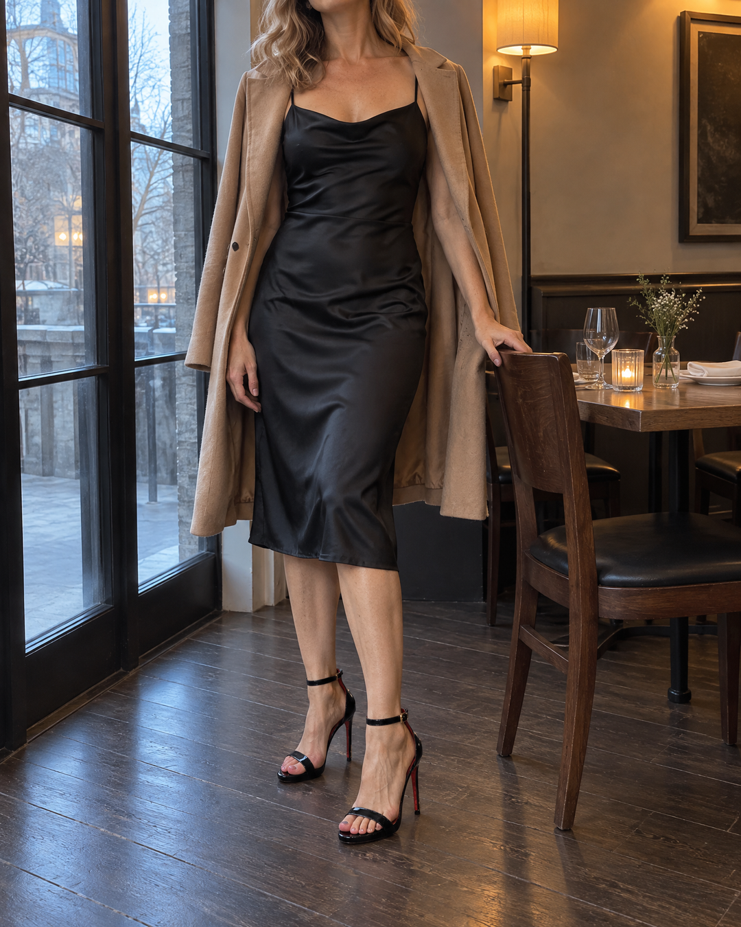 Emilie - Ankle Strap Stiletto Sandals in black, with a black slip dress