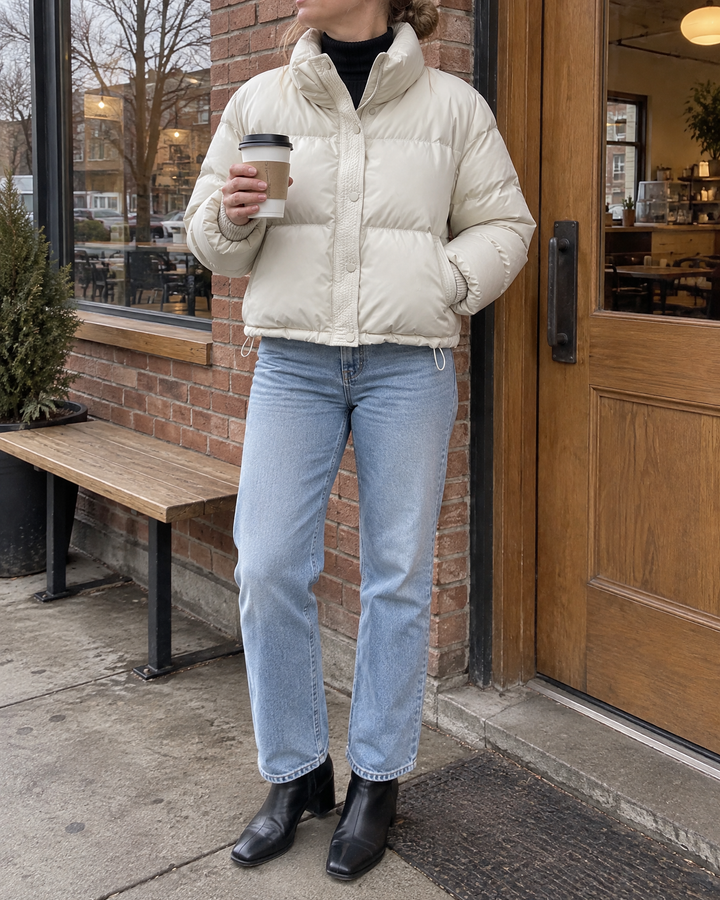 Anais - Cropped Faux Leather Puffer in cream, outside the café on a grey afternoon