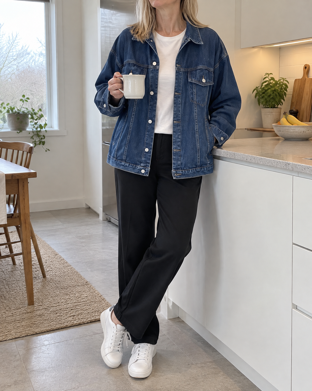 Sylviane - Oversized Denim Jacket in dark blue, at home on a grey morning