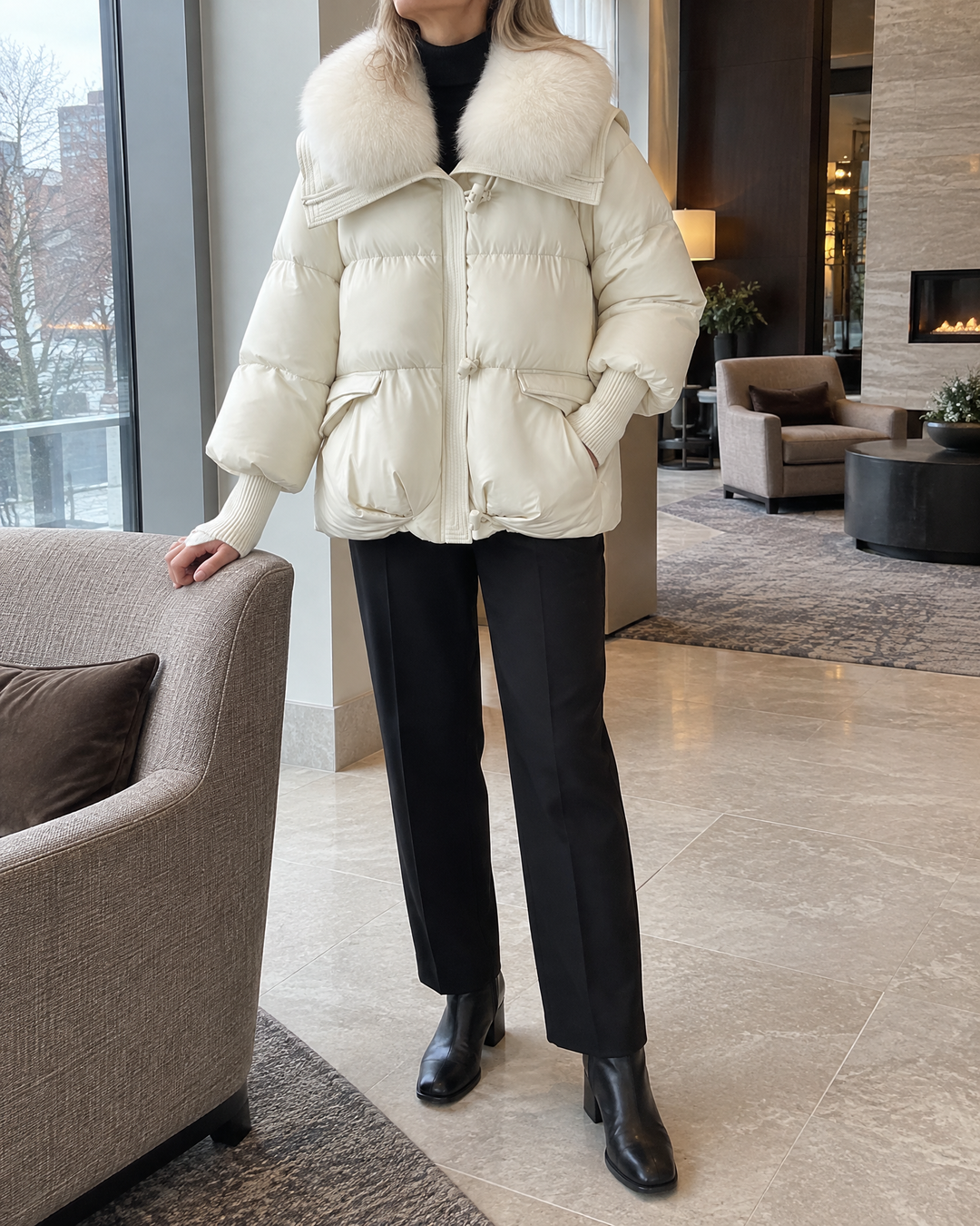 Chantal - Faux Fur Collar Puffer Jacket in cream, by the window of a calm hotel lobby