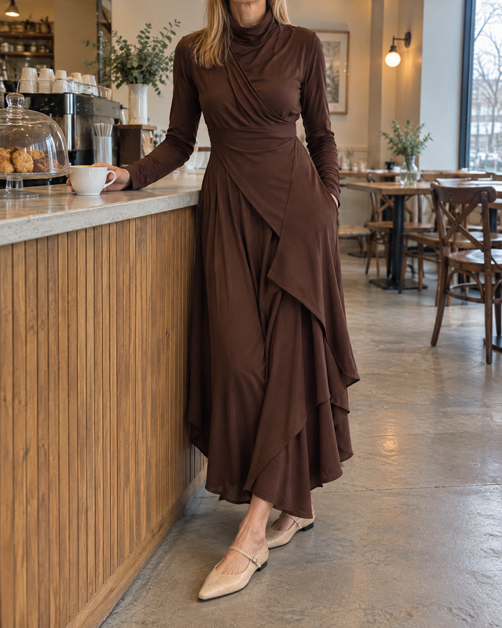 Felicie - Leather Mary Jane Mules in beige, with a brown maxi dress in a café