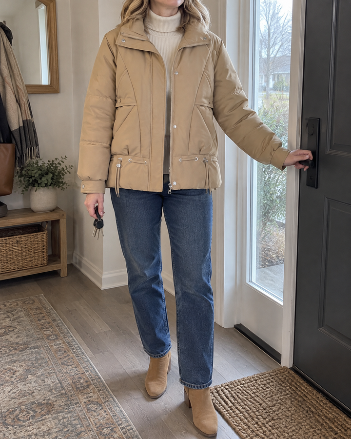 Angele - Chevron Quilted Puffer Jacket in khaki, heading out in the morning
