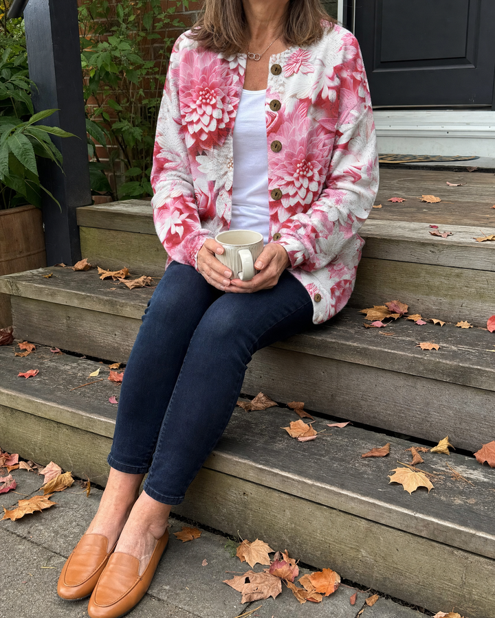 Beatrix - Vintage Print Cardigan in pink dahlia, worn on a porch in October