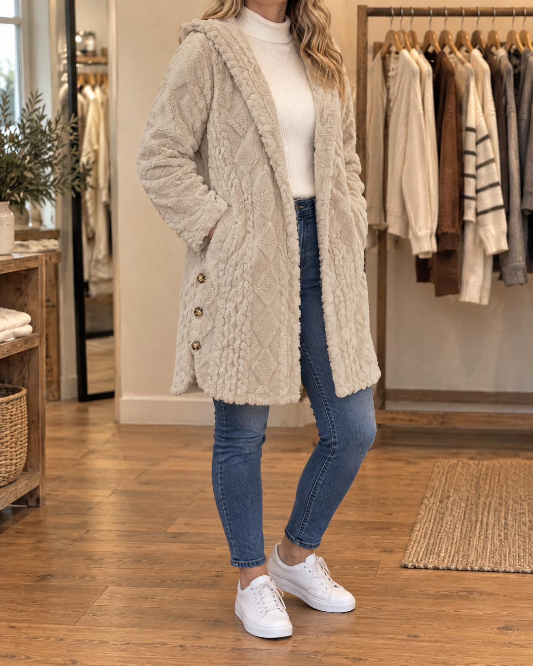 Corinne - Hooded Sherpa Jacket in apricot, front view