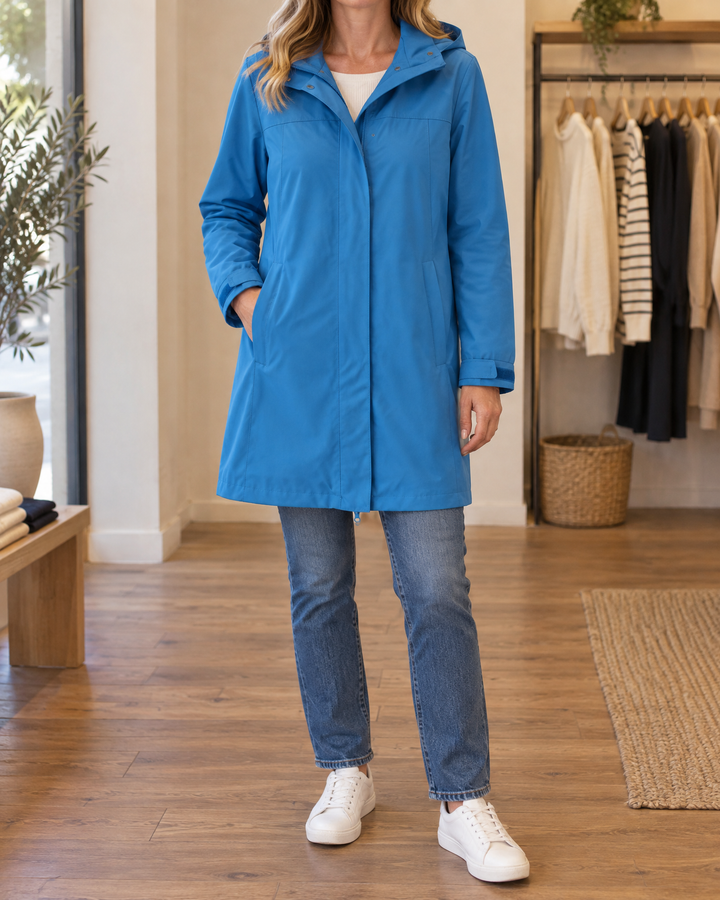 Jacqueline - Water-Repellent Hooded Coat in azure blue, front view
