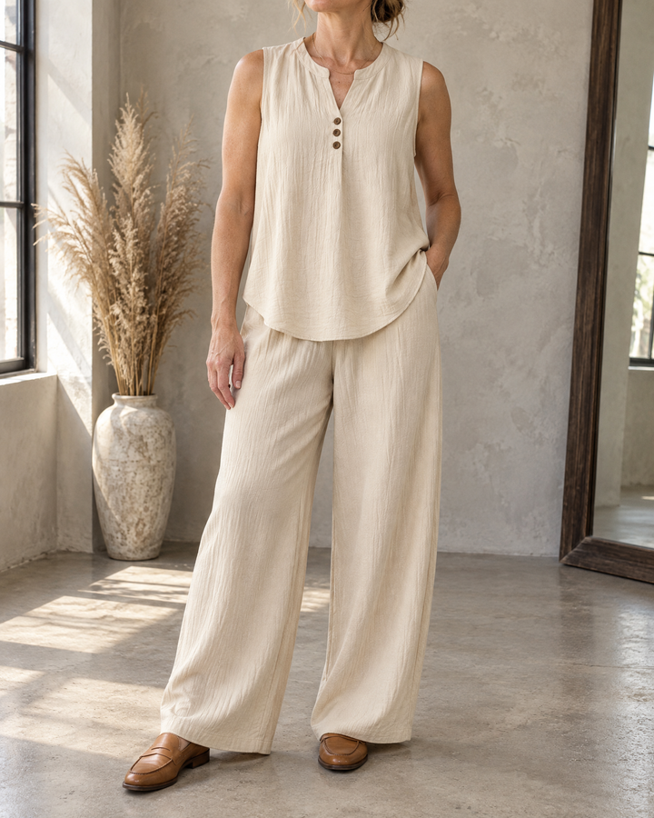 Marion - Sleeveless Top and Wide-Leg Set in beige, front view