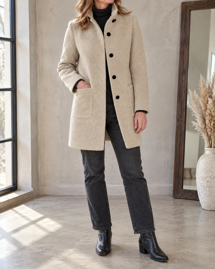 Augustine - Stand Collar Wool-Look Coat in beige, front view