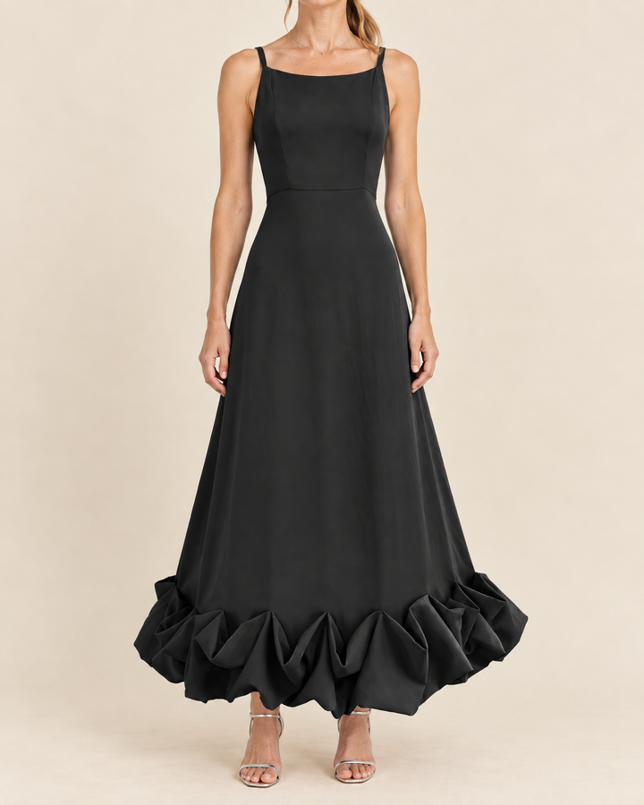 Rosine - Ruffle Hem Cami Maxi Dress in black, front view