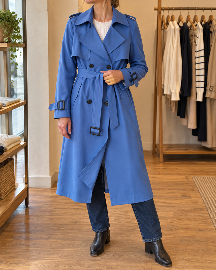 Monique - Long Belted Trench Coat in blue, front view