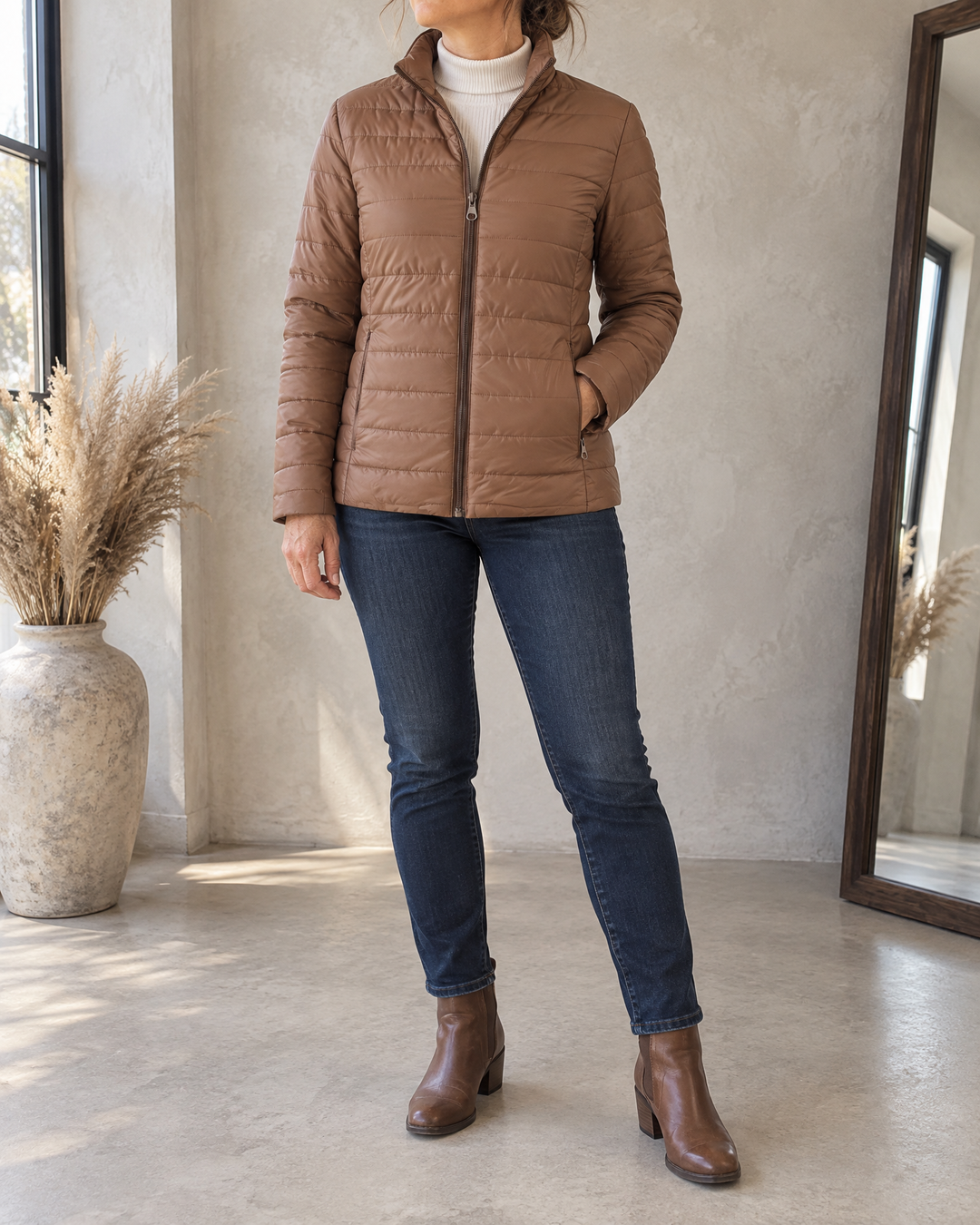 Alice - Fleece Lined Quilted Jacket in brown, front view