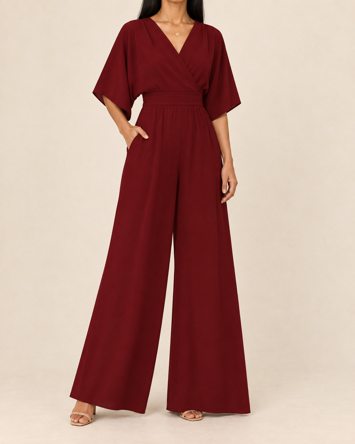 Eleonore - Kimono Sleeve Wide Leg Jumpsuit in burgundy, front view