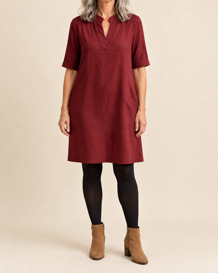 Irene - Notch Neck Shift Dress in burgundy, front view