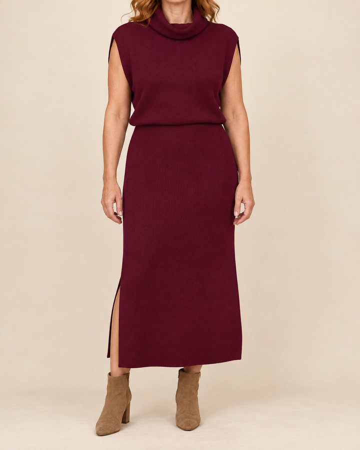 Berenice - Sleeveless Turtleneck Knit Set in burgundy, front view