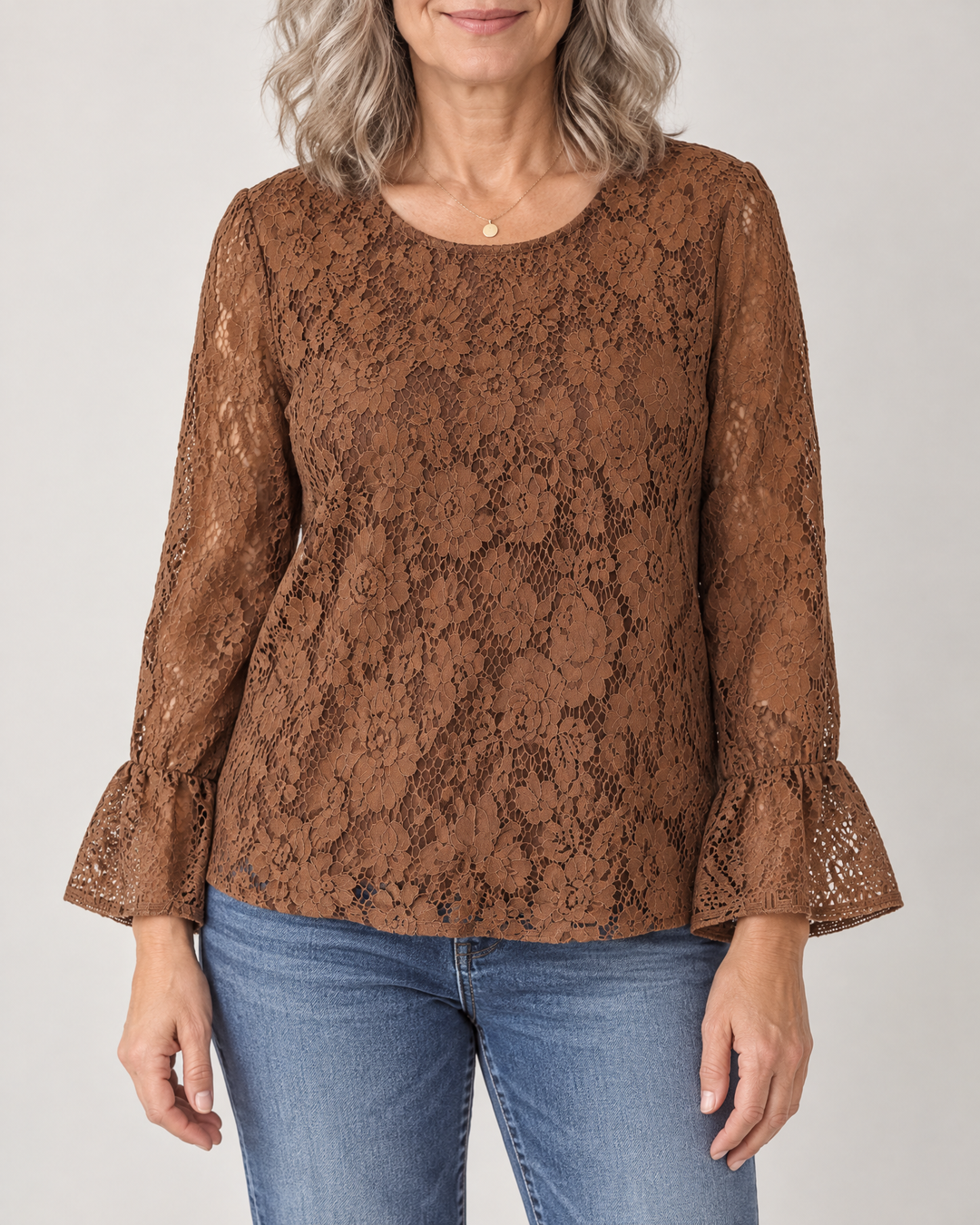 Violette - Lace Long Sleeve Top in coffee, front view