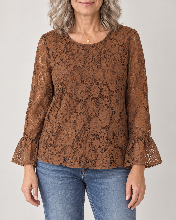 Violette - Lace Long Sleeve Top in coffee, front view
