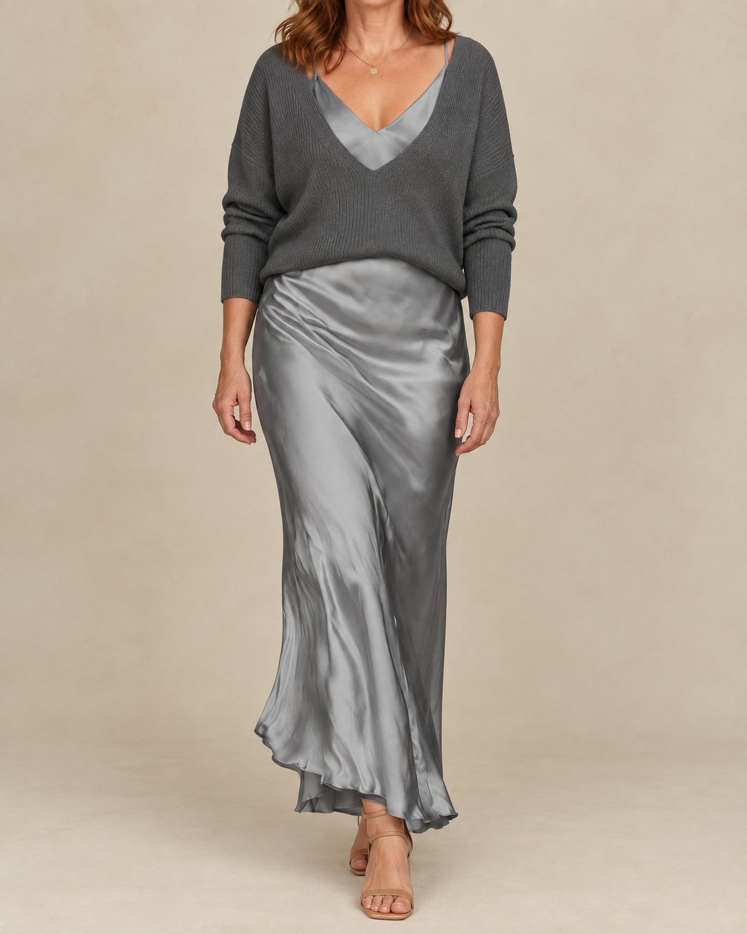 Aurore - Sweater and Satin Slip Set in grey, front view