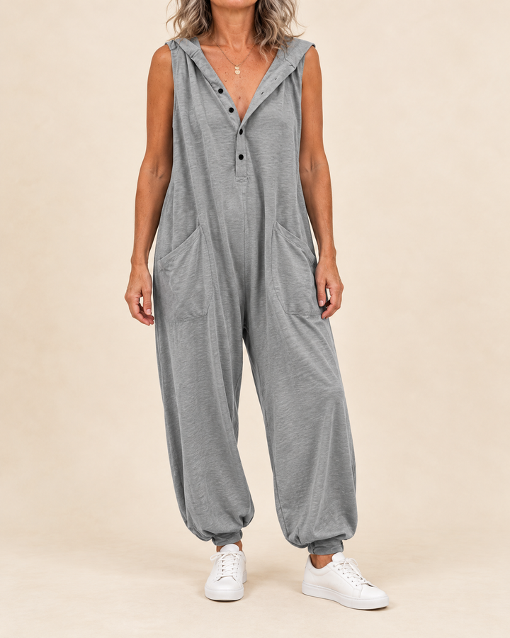 Gabrielle - Hooded Button Jumpsuit in grey, front view