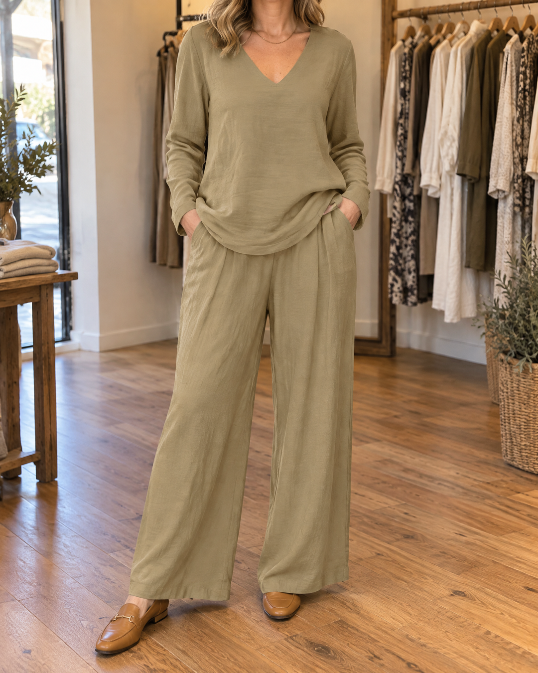 Suzanne - Stretch Travel Set in khaki, front view