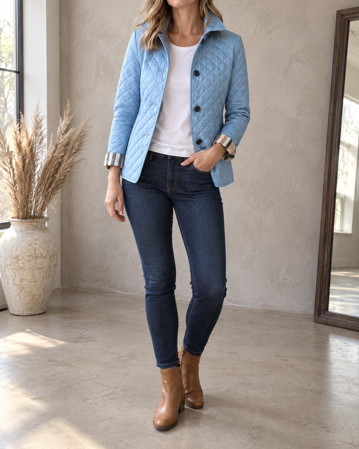 Claudine - Diamond Quilted Jacket in light blue, front view