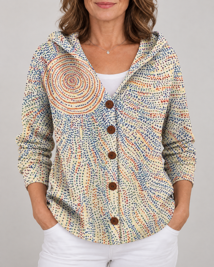 Isadora - Printed Hooded Cardigan in light yellow, front view