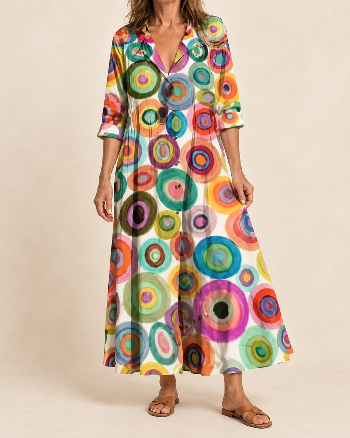 Mireille - Bohemian Maxi Shirt Dress in mosaic circles, front view