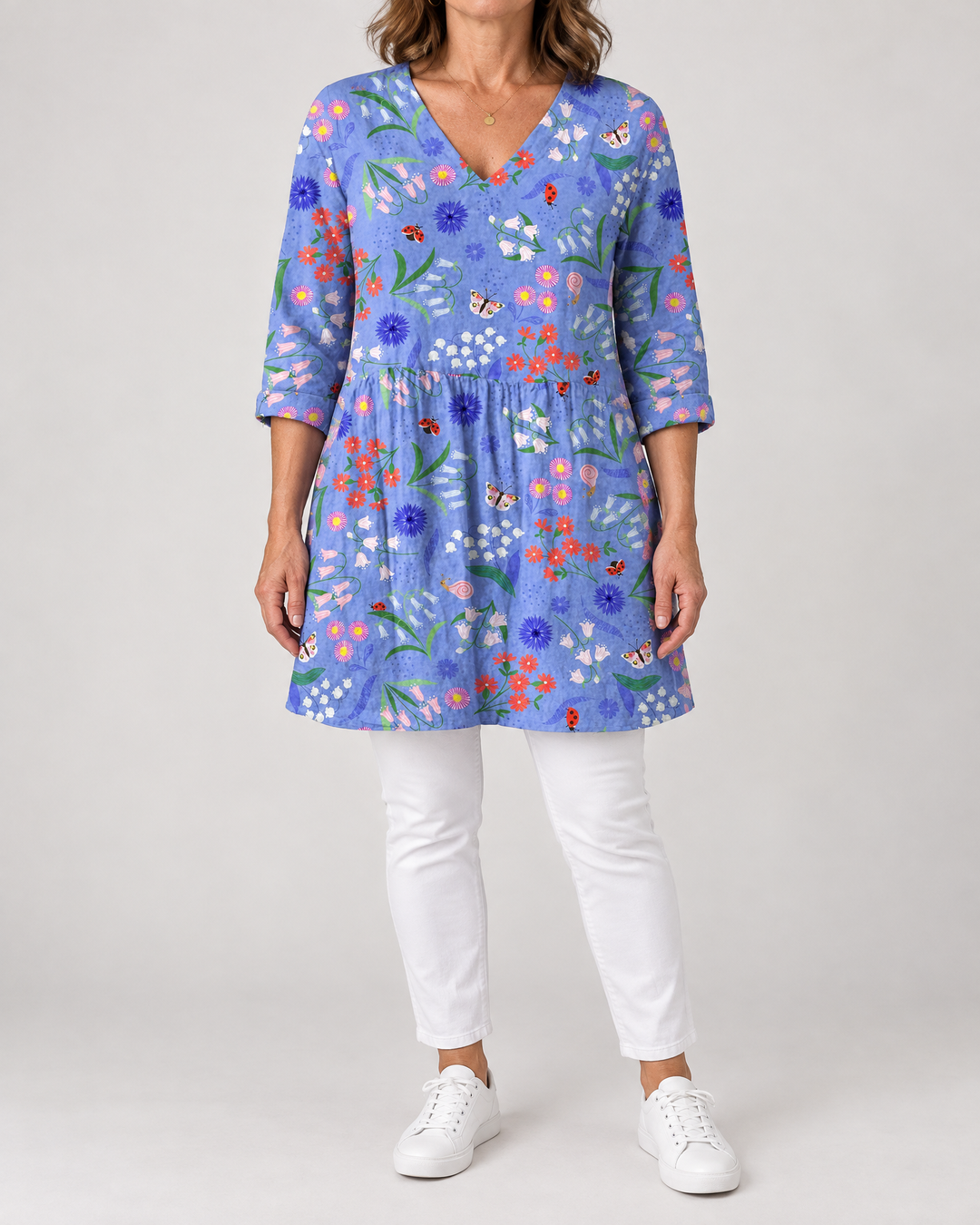 Marguerite - Printed Tunic Top in periwinkle meadow, front view
