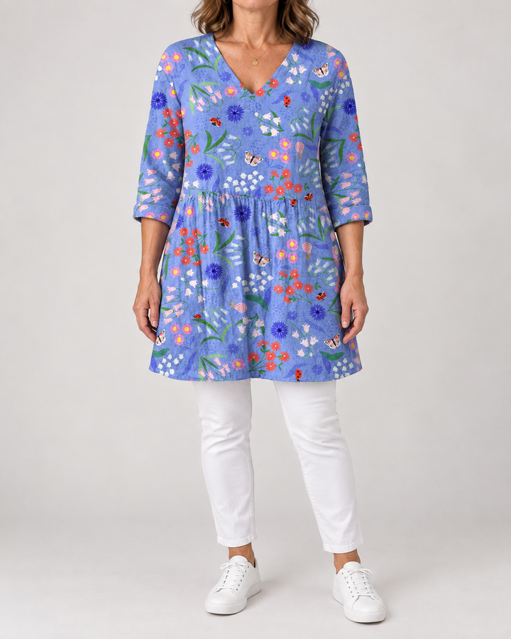 Marguerite - Printed Tunic Top in periwinkle meadow, front view
