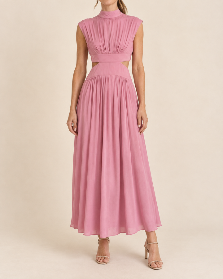 Diane - Mock Neck Cut Out Maxi Dress in pink, front view