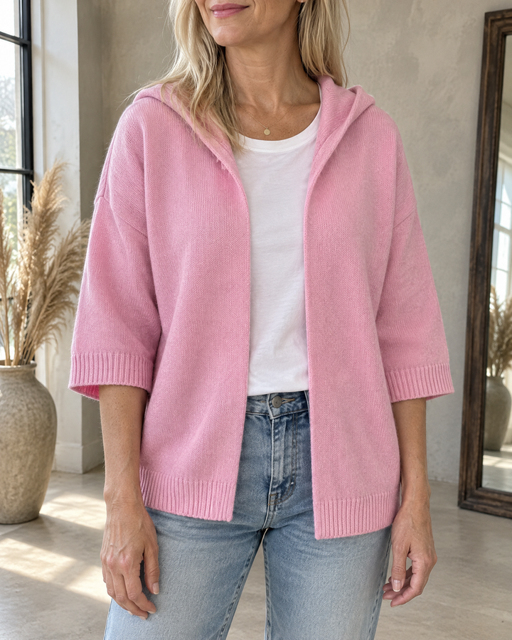 Viviane - Hooded Open-Front Cardigan in pink, front view