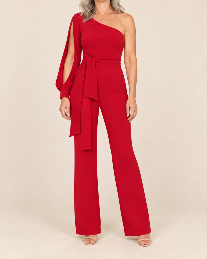 Isabeau - One Shoulder Tie Jumpsuit in red, front view