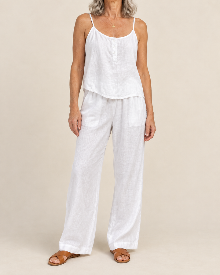 Odile - Cotton Linen Cami Set in white, front view