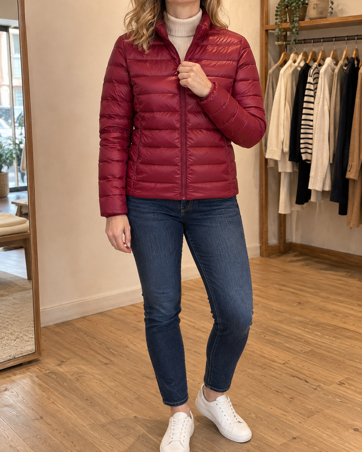 Aline - Lightweight Down Jacket in wine red, front view