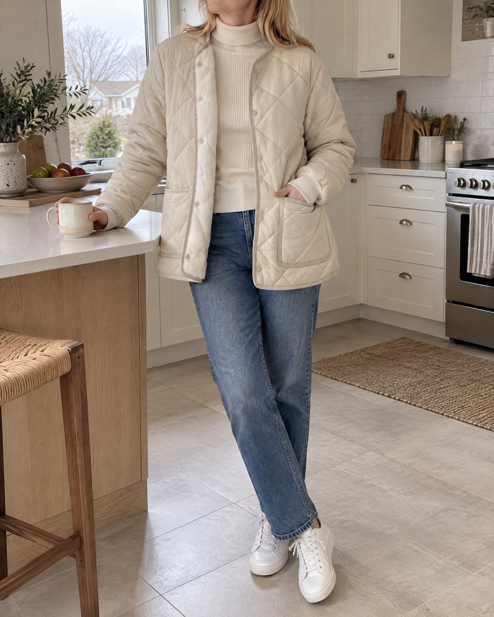 Clementine - Collarless Quilted Jacket in cream, in the kitchen on an overcast morning
