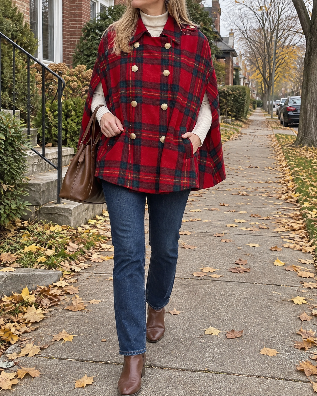 Marthe - Plaid Cape Coat in red, on a residential street in the fall