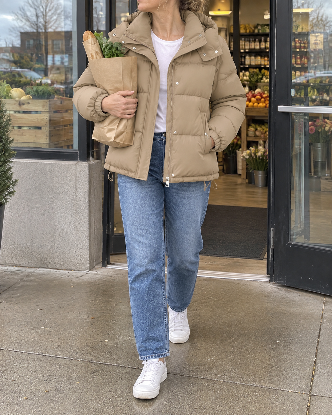 Audrey - Hooded Puffer Jacket in khaki, a quick stop at the grocery