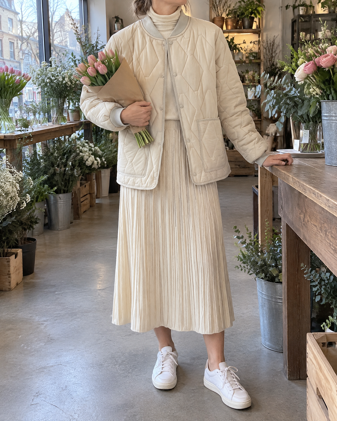 Dominique - Rib Collar Quilted Jacket in cream, in a small florist&