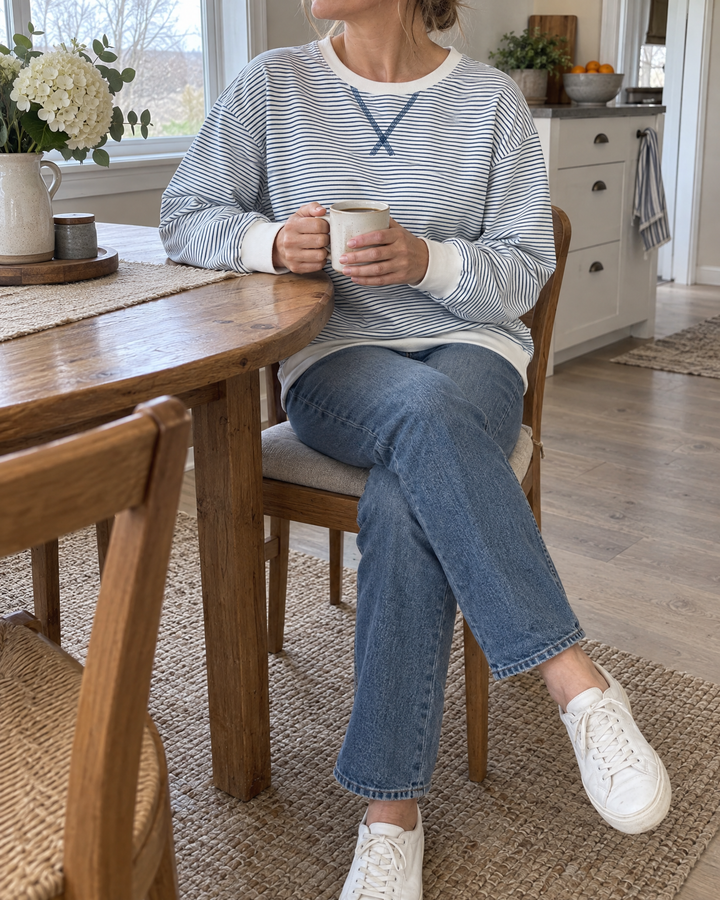 Charlotte - Fine Stripe Pullover in blue, a slow Sunday morning at home