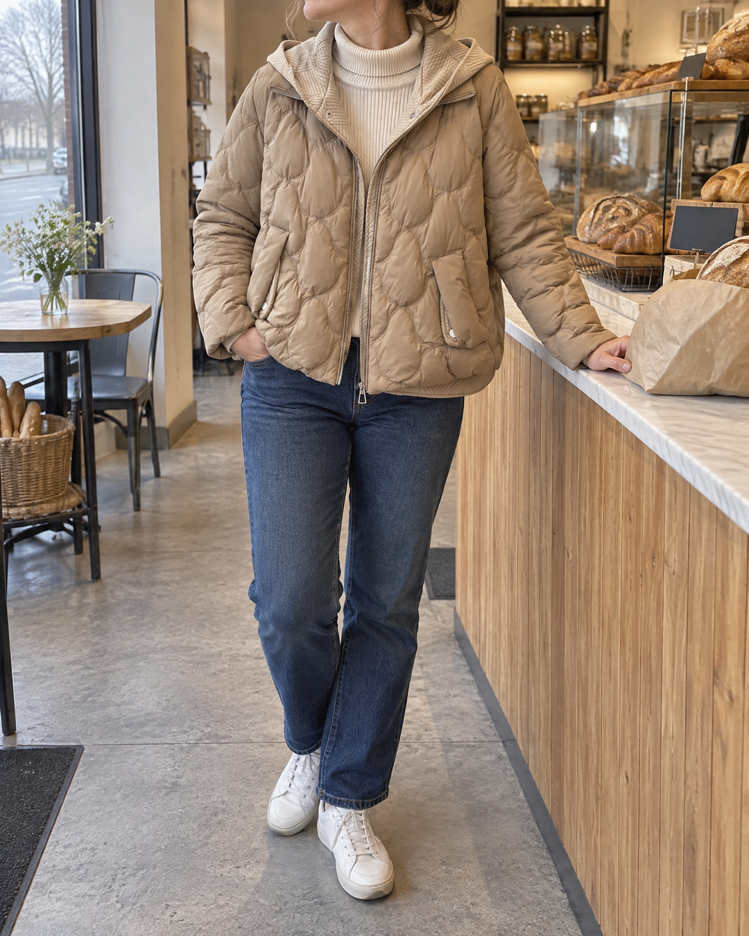 Cassandre - Knit Hood Puffer Jacket in khaki, at the bakery counter on a grey morning